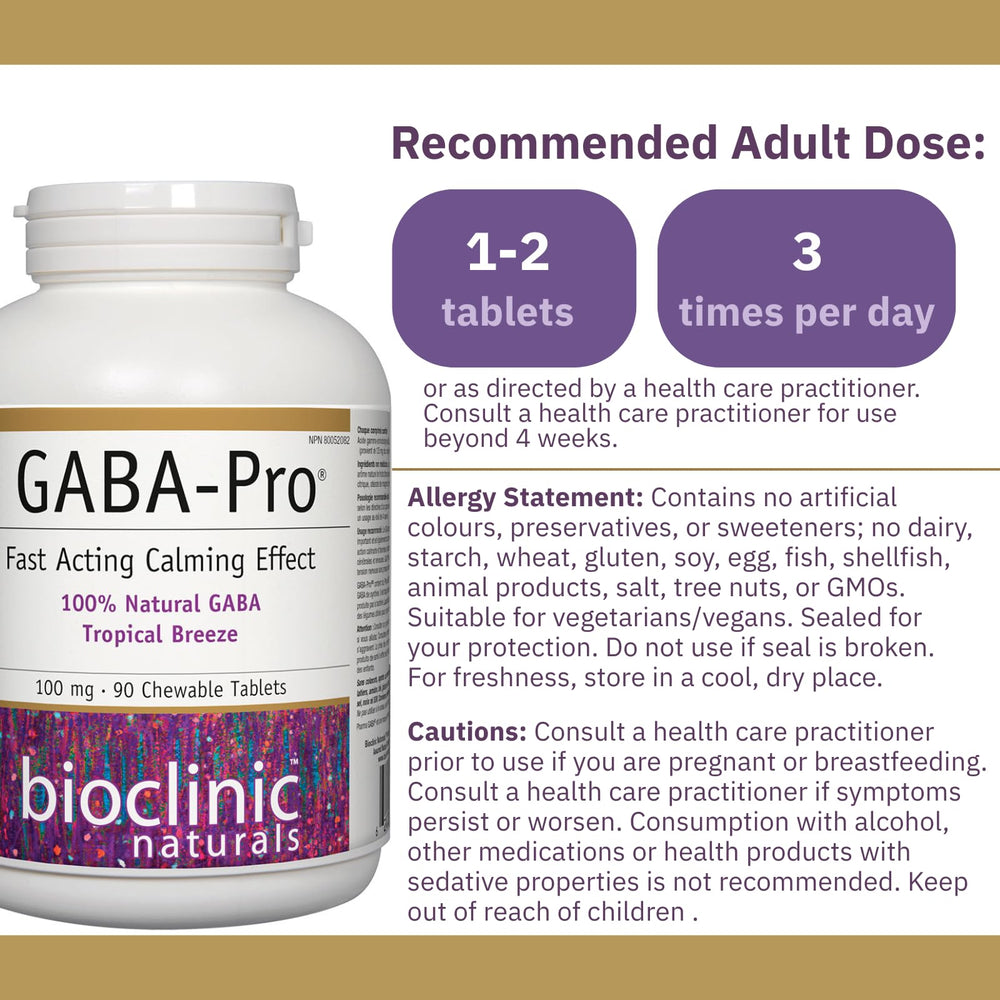 GABA Pro Natural bottle side view highlighting 90 veggie capsules for calm