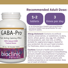 GABA Pro Natural bottle side view highlighting 90 veggie capsules for calm