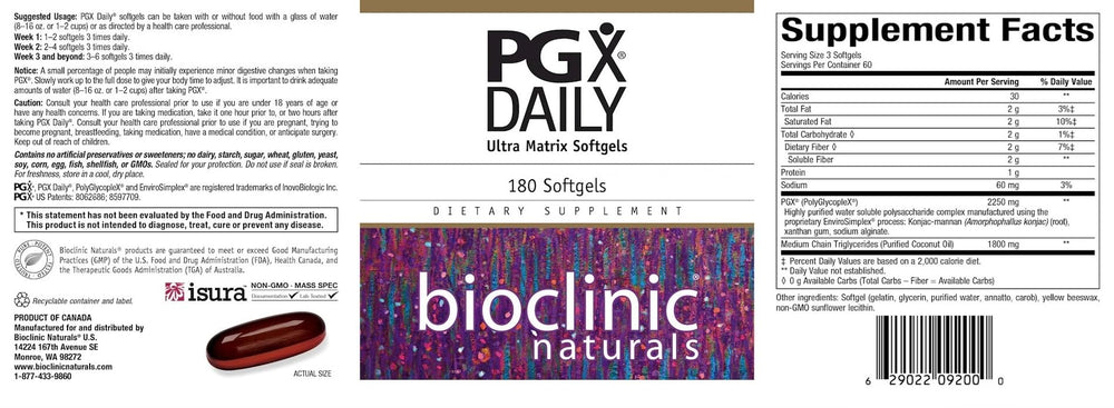 Bioclinic Naturals PGX Daily Ultra Matrix Softgels close-up of capsules for on-the-go use.