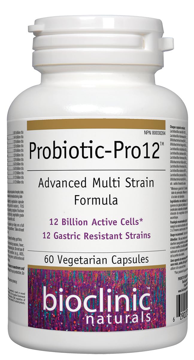 Bioclinic Naturals Probiotic Pro12 bottle with 60 VegiCaps for daily digestive support