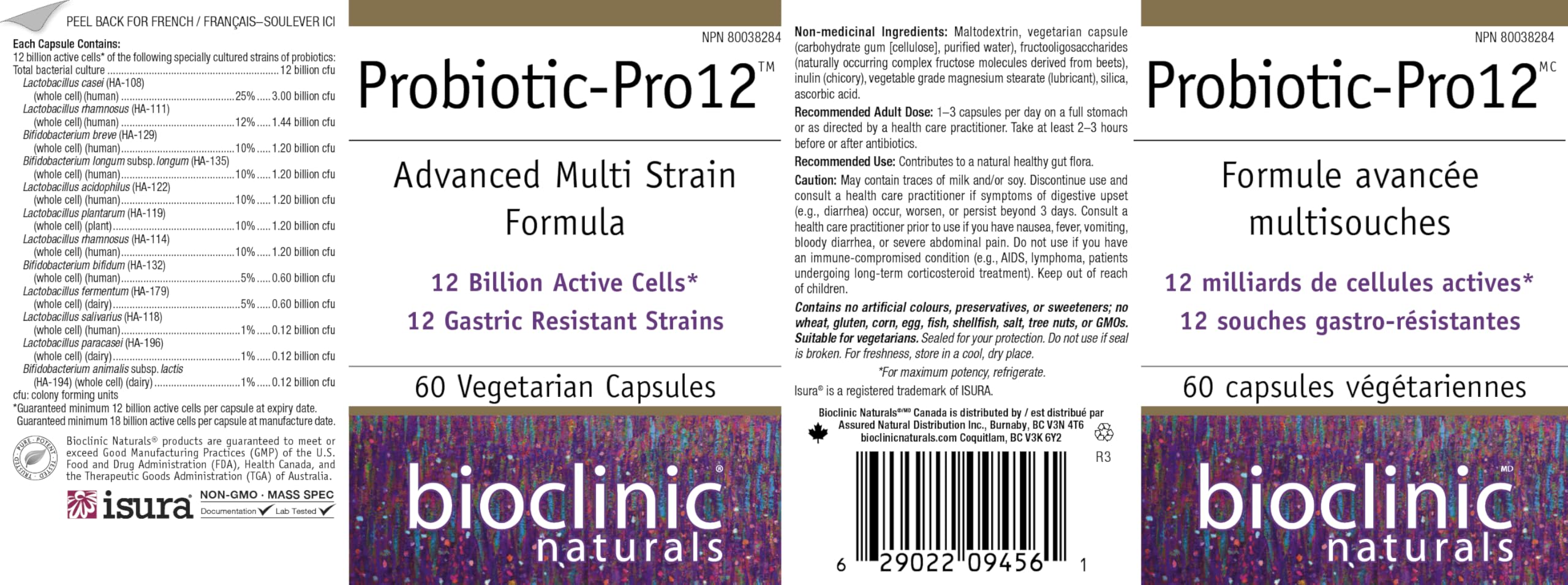 Bioclinic Naturals Pro12 ingredients list close-up with probiotic strains