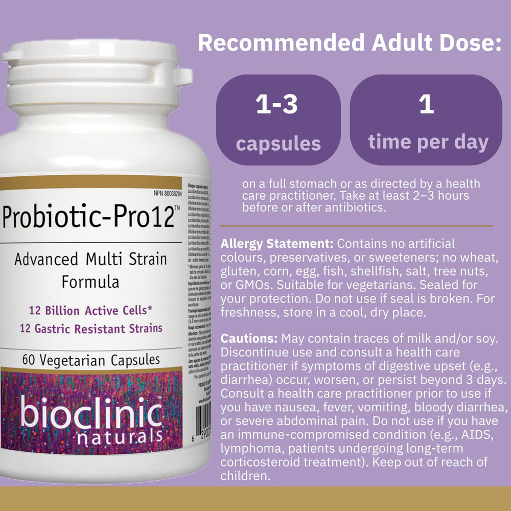 Bioclinic Naturals Pro12 label close-up highlighting multi-strain formula