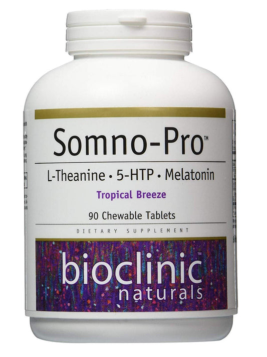 Bioclinic Naturals Somno-Pro bottle-front view highlighting Tropical Breeze chews for night-time relaxation