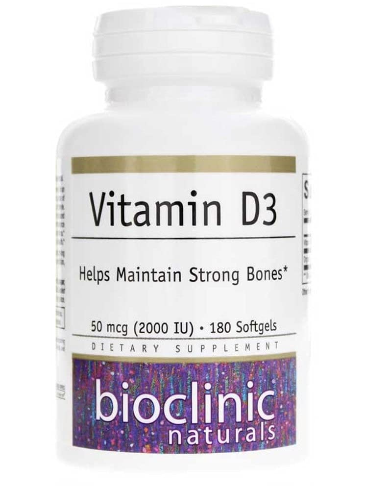Bioclinic Naturals Vitamin D3 softgels in a bottle, 2,000 IU per capsule