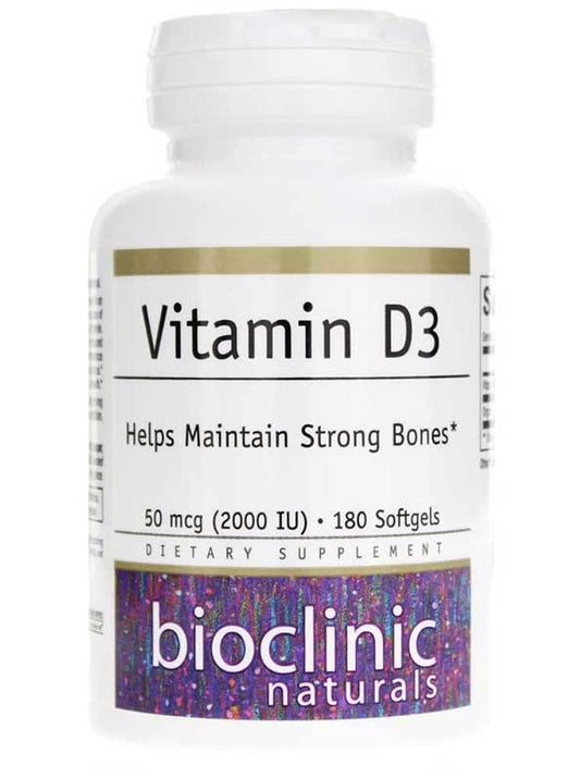 Bioclinic Naturals Vitamin D3 softgels in a bottle, 2,000 IU per capsule