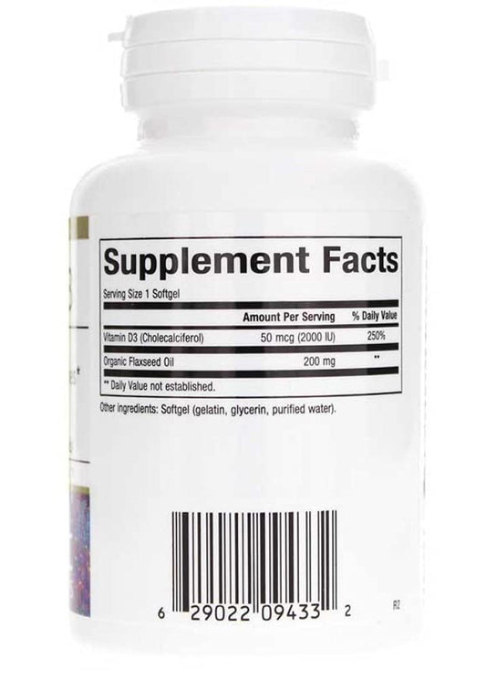 Close-up of Bioclinic Naturals Vitamin D3 softgels with flaxseed oil carrier