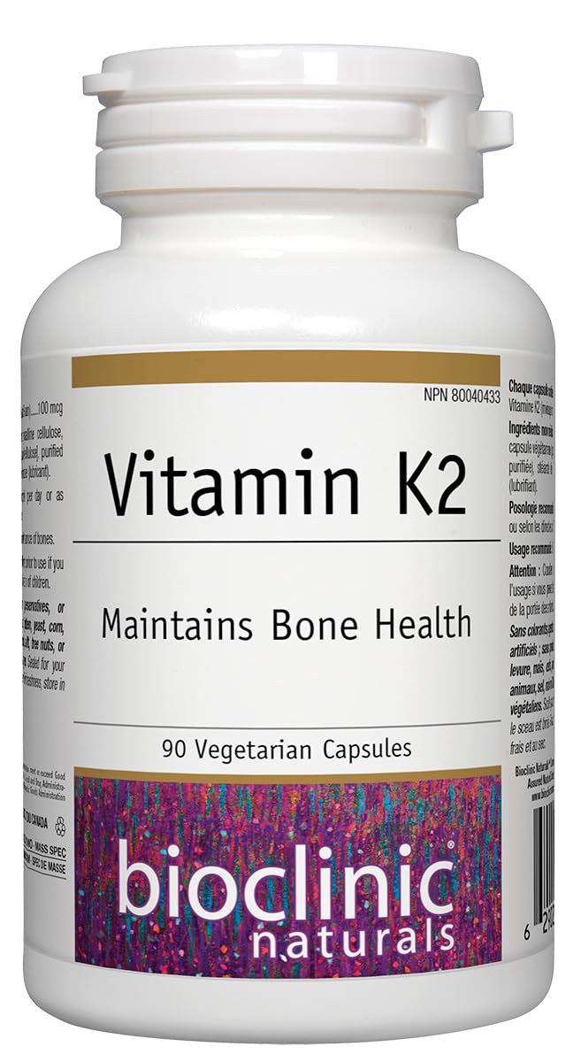 Bioclinic Naturals Vitamin K2 bottle front view highlighting 100 mcg MK-7