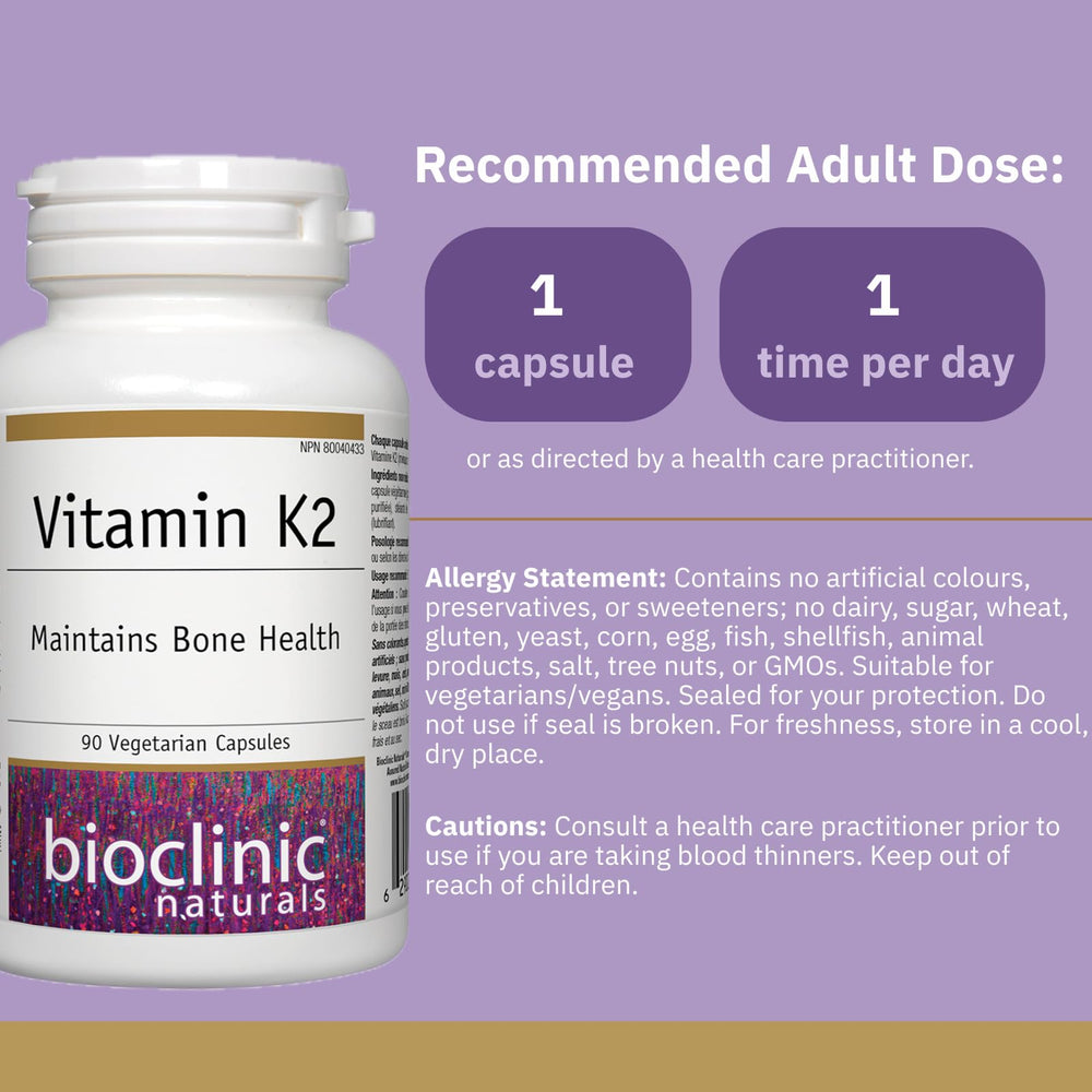 Bioclinic Naturals Vitamin K2 label close-up shows natto-derived MK-7 source