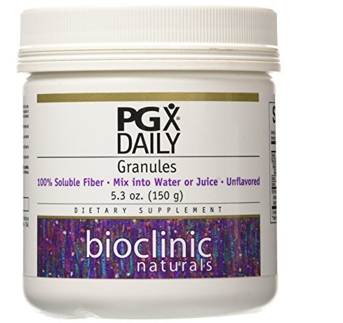 Bioclinic PGX Daily granules pour from bottle; versatile unflavored soluble fiber for beverages.