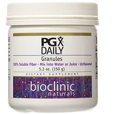 Bioclinic PGX Daily granules pour from bottle; versatile unflavored soluble fiber for beverages.