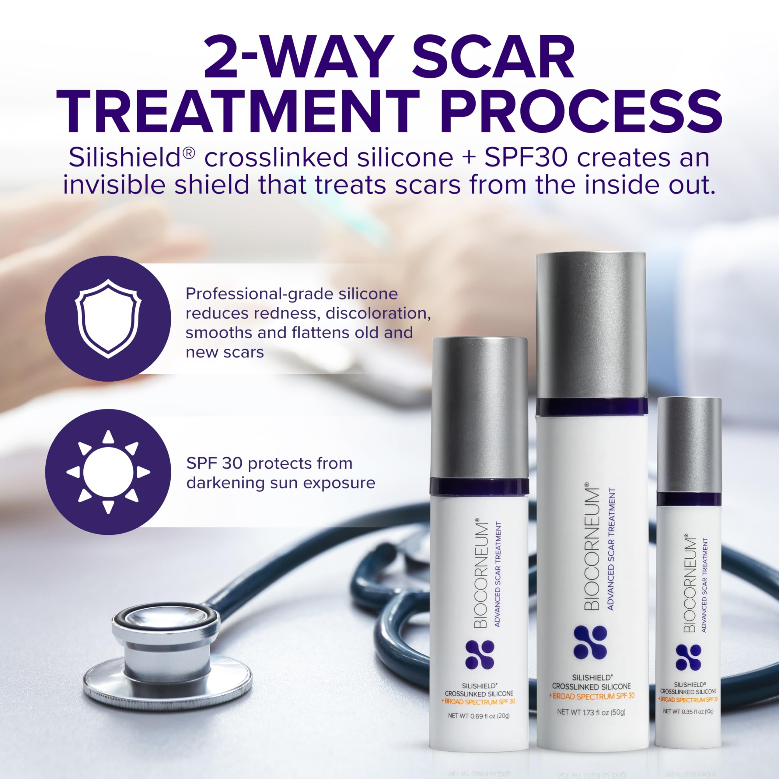 BIOCORNEUM gel in application glide highlighting smooth scar coverage.