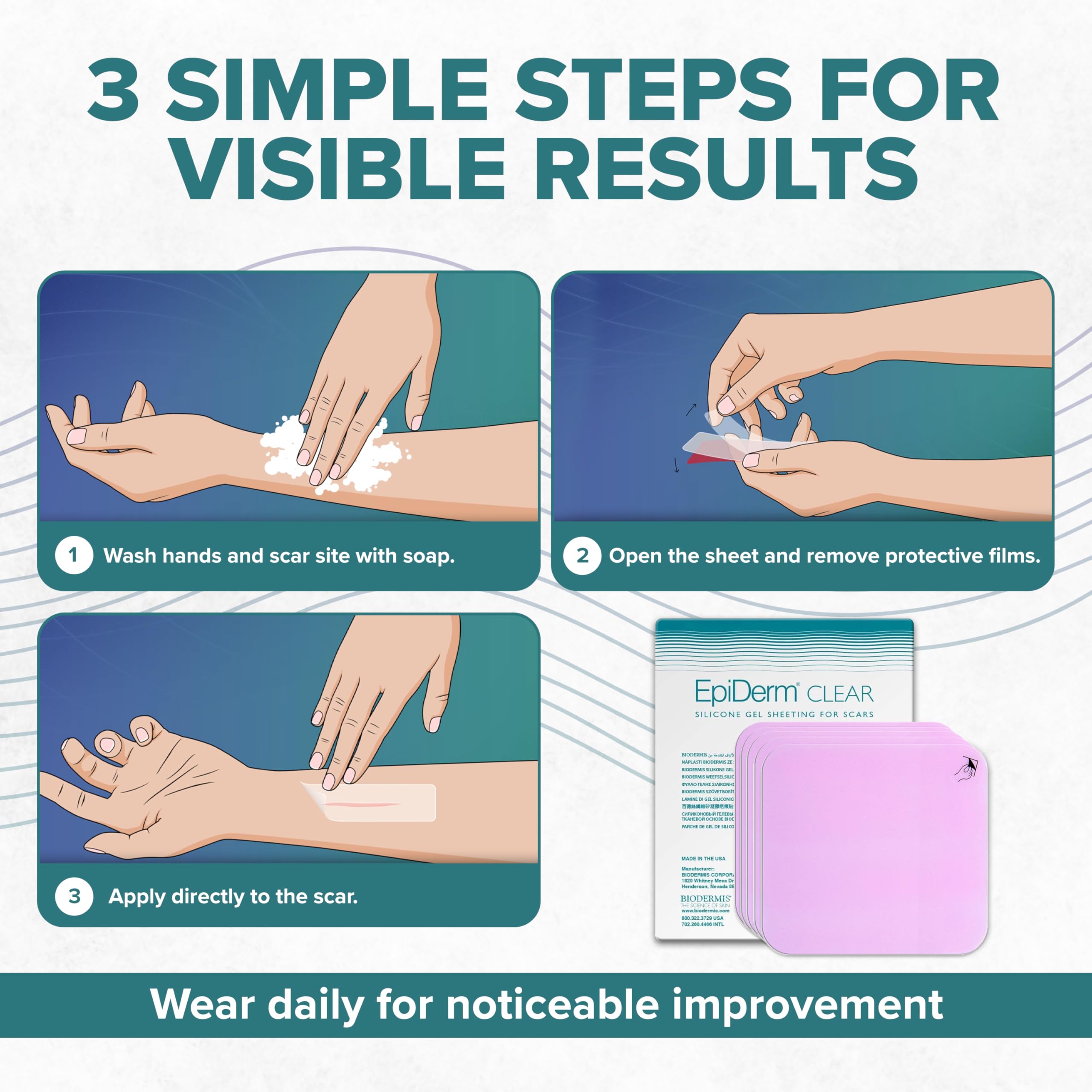 Biodermis Epi-Derm standard scar sheets come in a 5-pack