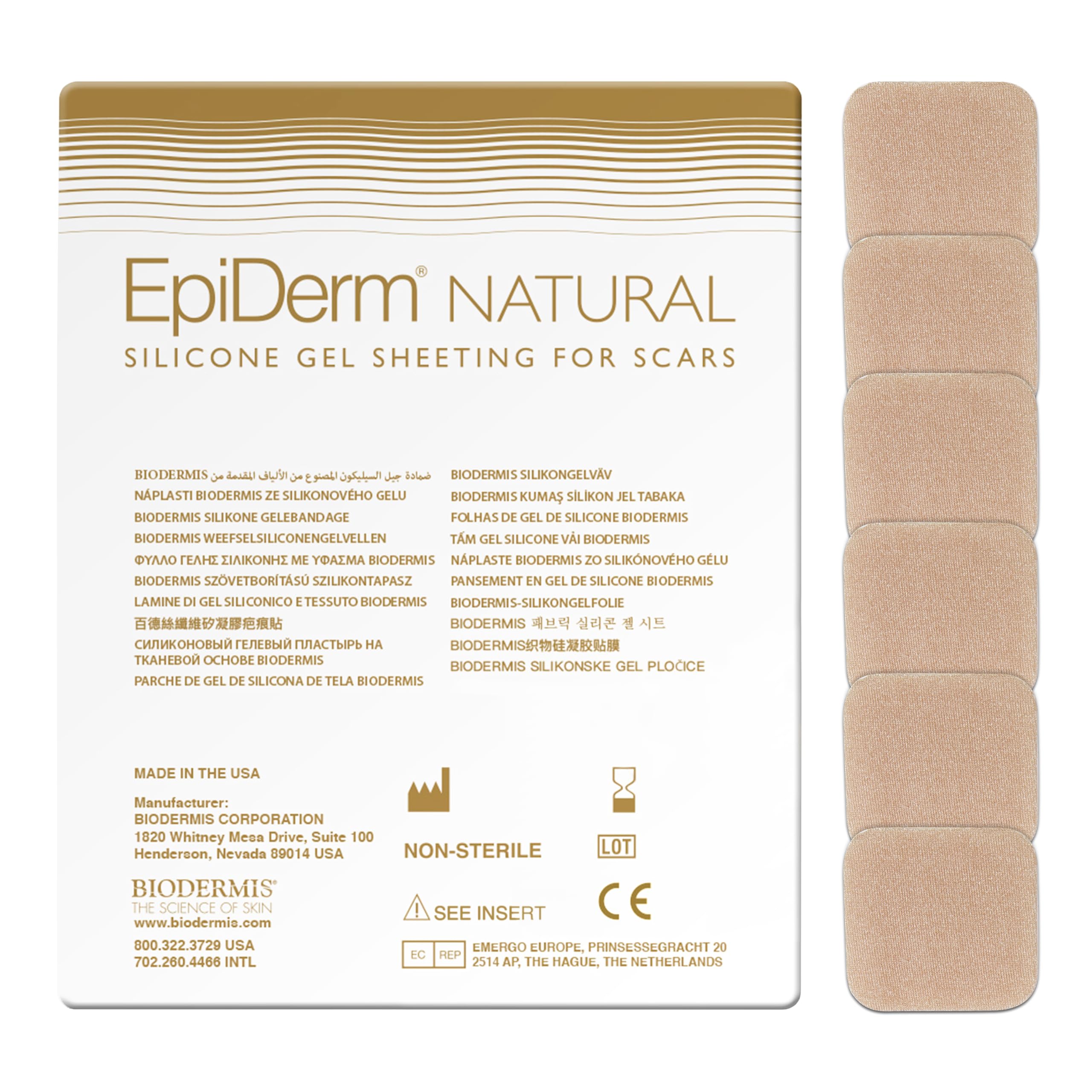 Biodermis Epi-Derm Epi-Tab Squares worn daily for small scar coverage.