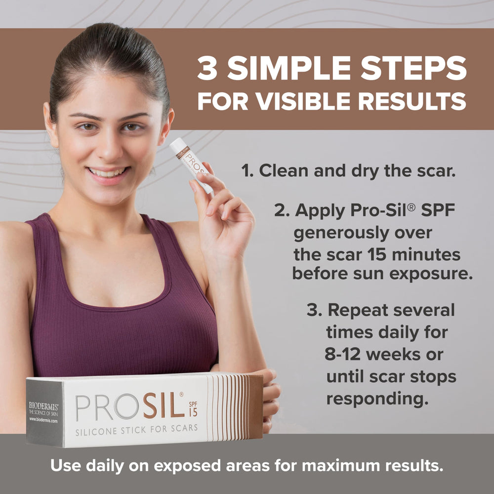 BIODERMIS ProSil glide-on stick provides precise coverage on scar-prone areas like face.