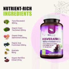 Biodora Resveratrol 1600mg green tea ingredient blend for vitality.