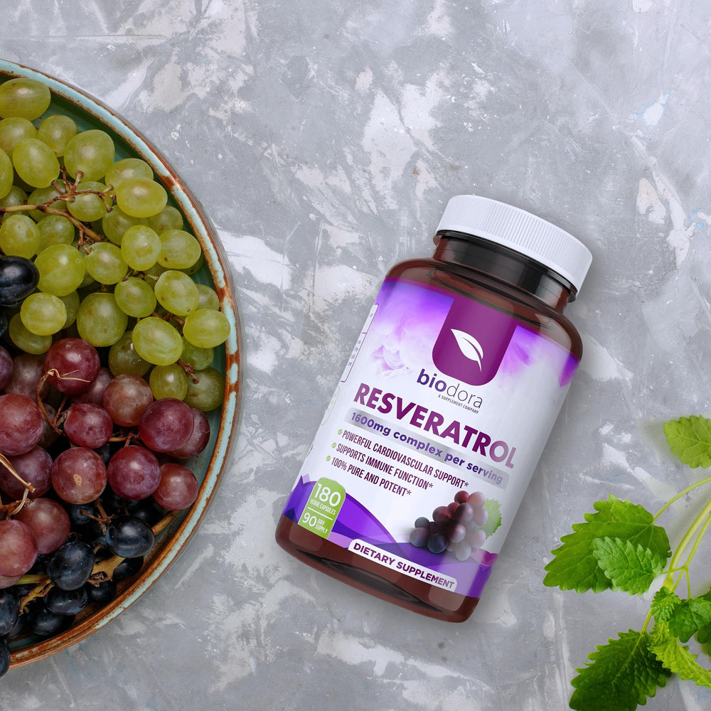 Biodora Resveratrol 1600mg quercetin flavonoids promoting healthy blood flow.
