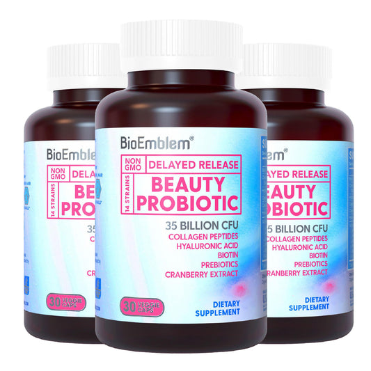 BioEmblem Beauty Probiotics for Women bottle front, daily beauty support in view