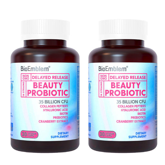 BioEmblem Beauty Probiotics for Women bottle promotes daily wellness and skin support.