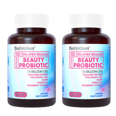 BioEmblem Beauty Probiotics for Women bottle promotes daily wellness and skin support.