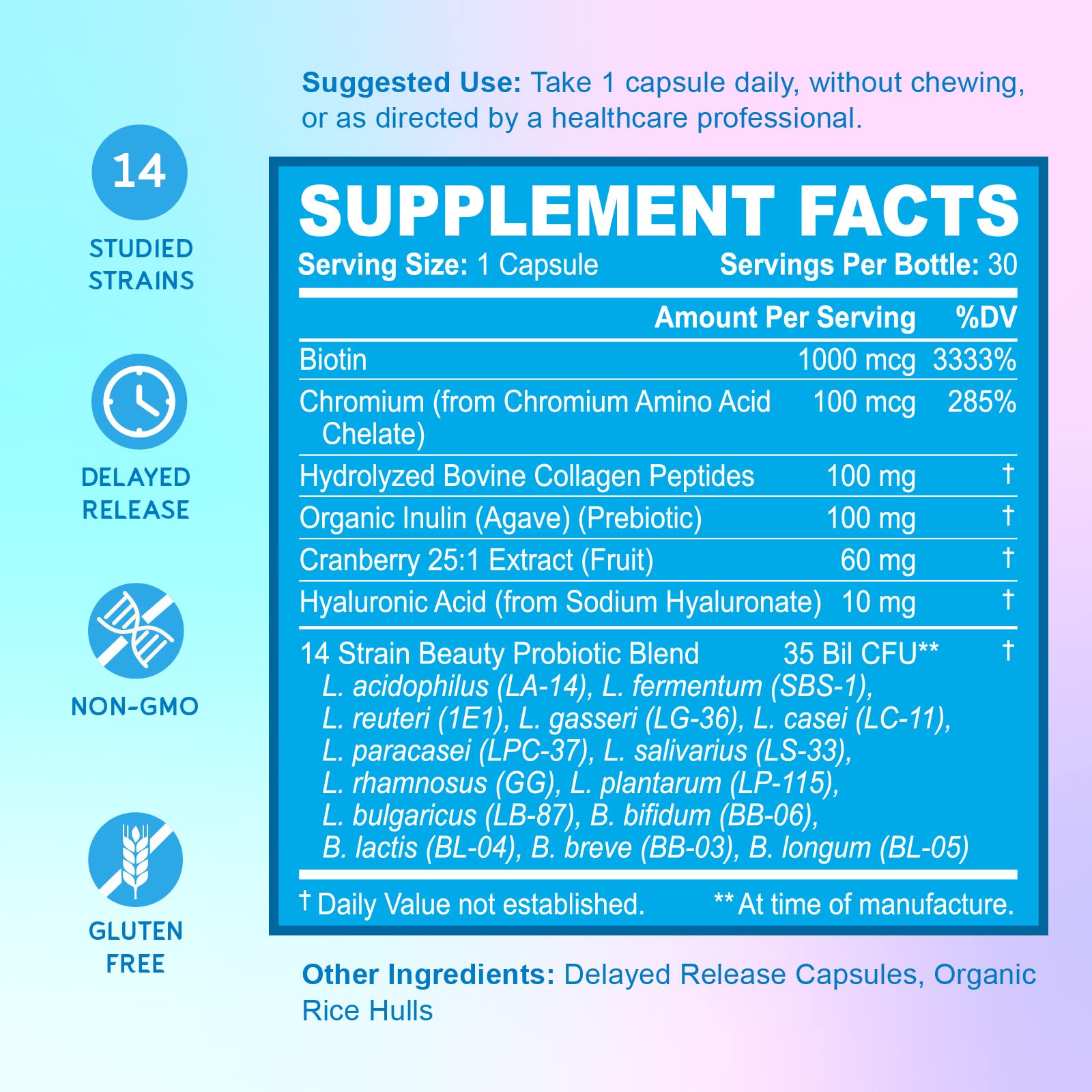BioEmblem Beauty Probiotics label highlights strains and added collagen and biotin.