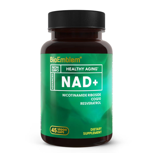 BioEmblem NAD+ bottle label highlighting 300 mg NR for cellular energy support.
