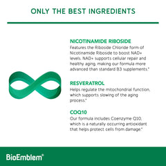 BioEmblem NAD+ bottle being poured into a glass for daily routine.