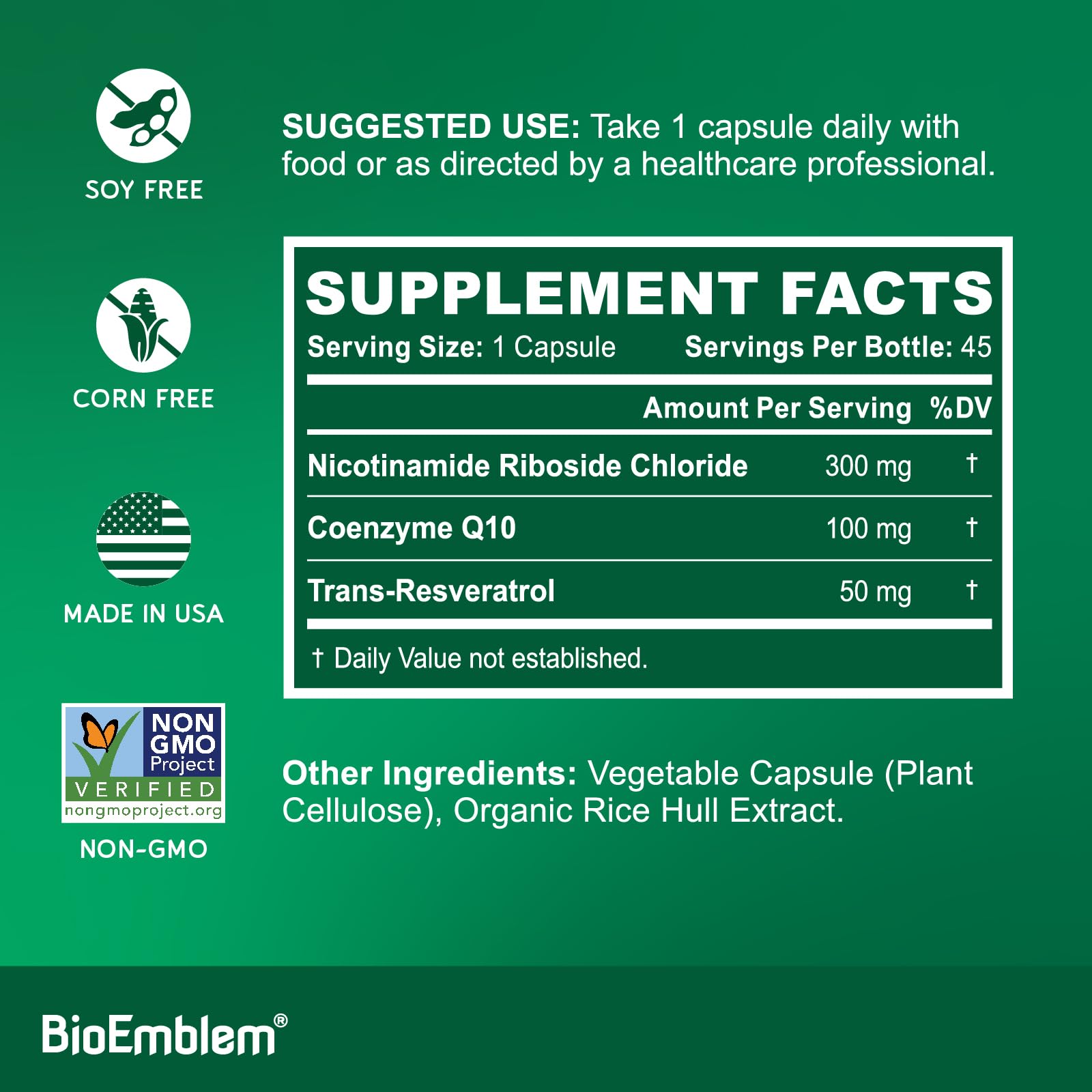 BioEmblem NAD+ capsule close-up emphasizing NR, CoQ10, and Resveratrol blend.