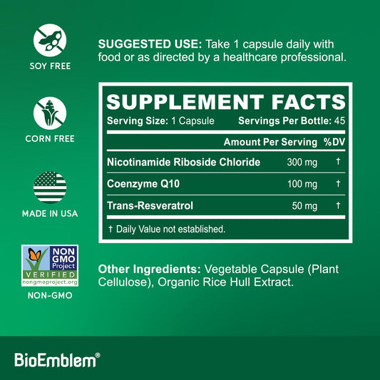 BioEmblem NAD+ capsule close-up emphasizing NR, CoQ10, and Resveratrol blend.