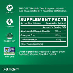 BioEmblem NAD+ capsule close-up emphasizing NR, CoQ10, and Resveratrol blend.