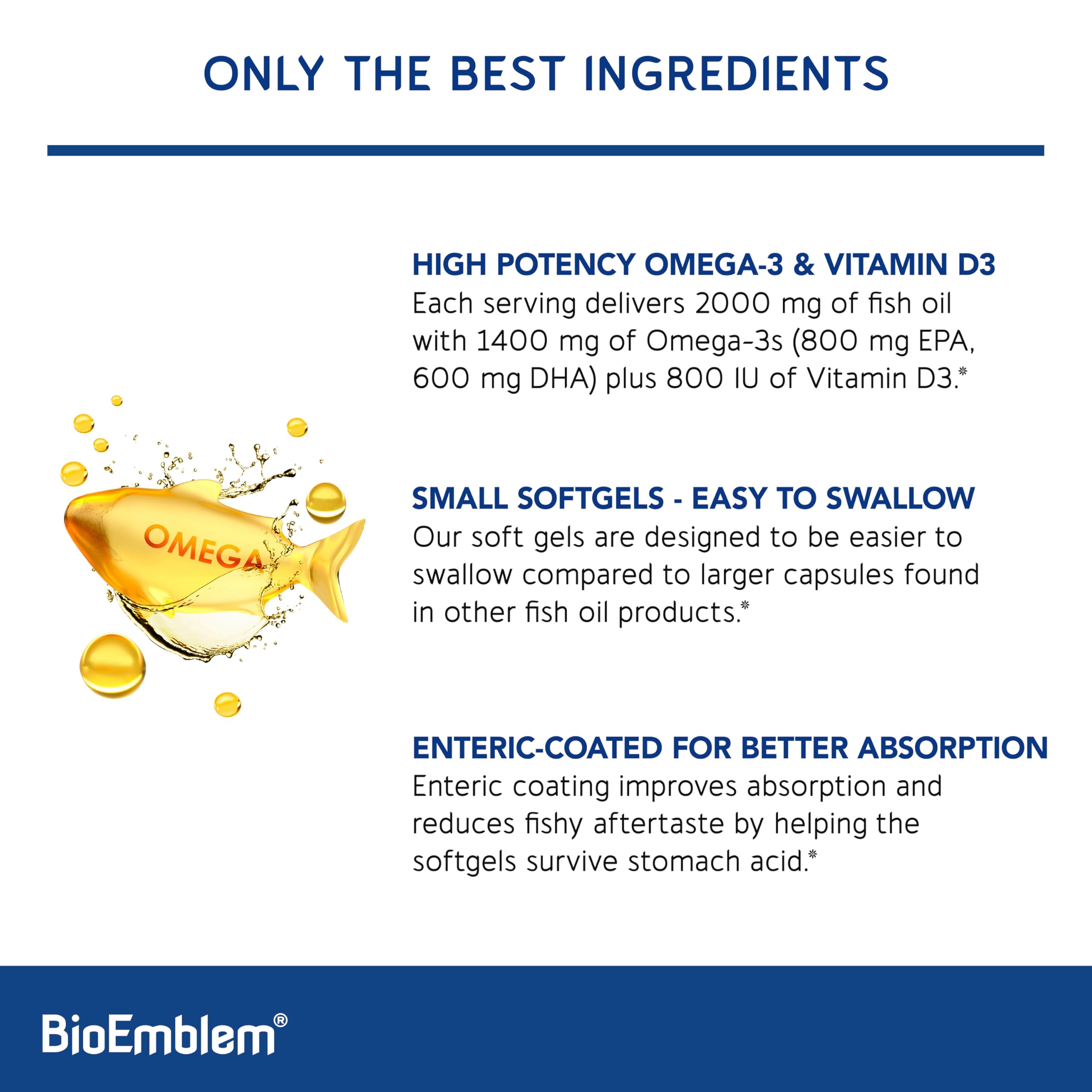 BioEmblem Omega-3 enteric-coated softgels resist stomach acid and reduce aftertaste.