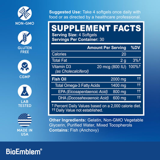BioEmblem Omega-3 sourced from anchovies with FOS certification for sustainability.