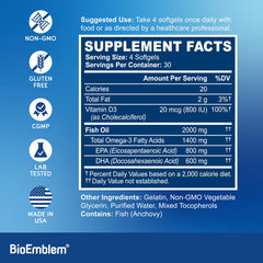 BioEmblem Omega-3 sourced from anchovies with FOS certification for sustainability.
