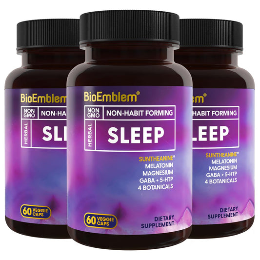 BioEmblem Sleep Aid bottle with capsules for a relaxing bedtime routine.