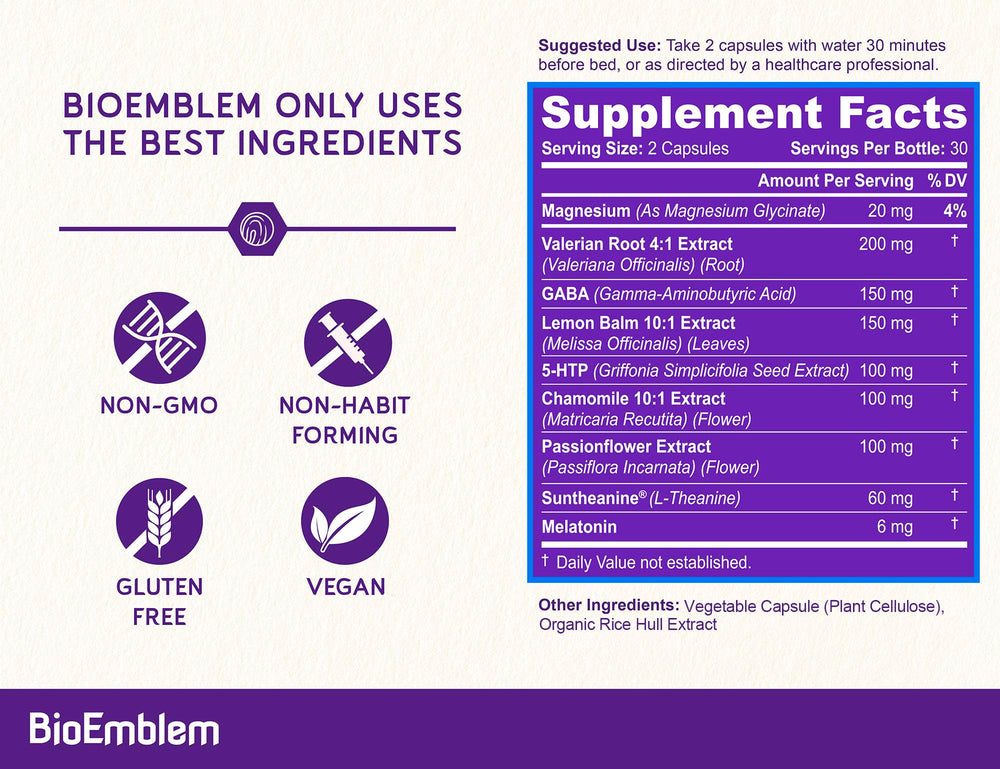 BioEmblem Sleep Aid highlights Suntheanine and GABA for calming pre-bed moments.