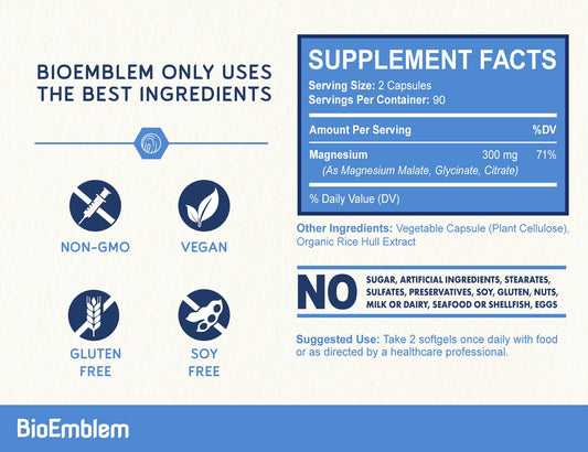 BioEmblem Triple Magnesium bottle front, 180 vegan capsules for energy support.