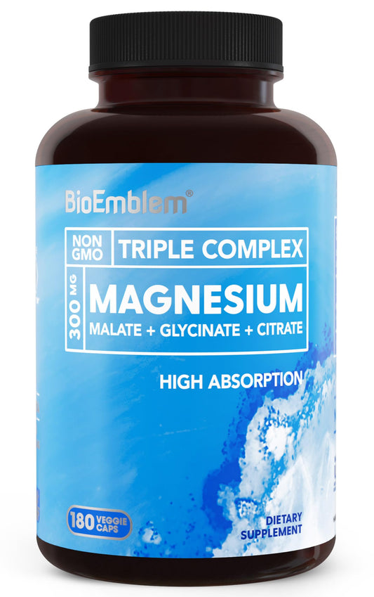 BioEmblem Triple Magnesium capsules close-up for high absorption supporting muscles and nerves.