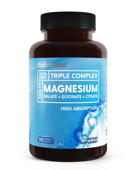 BioEmblem Triple Magnesium Complex bottle on shelf highlighting high-absorption magnesium blend for daily support.