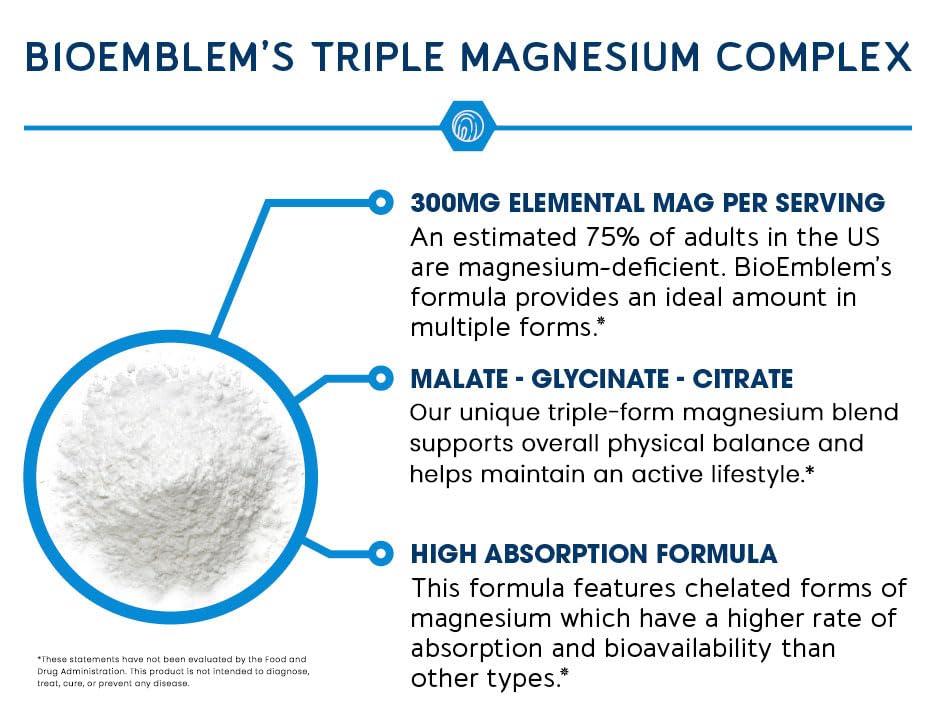 BioEmblem Triple Magnesium Complex capsules in hand suggests easy-to-tolerate magnesium for daily routines.