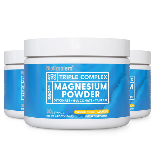 BioEmblem Triple Magnesium Powder tub label showing vegan, non-GMO balance support