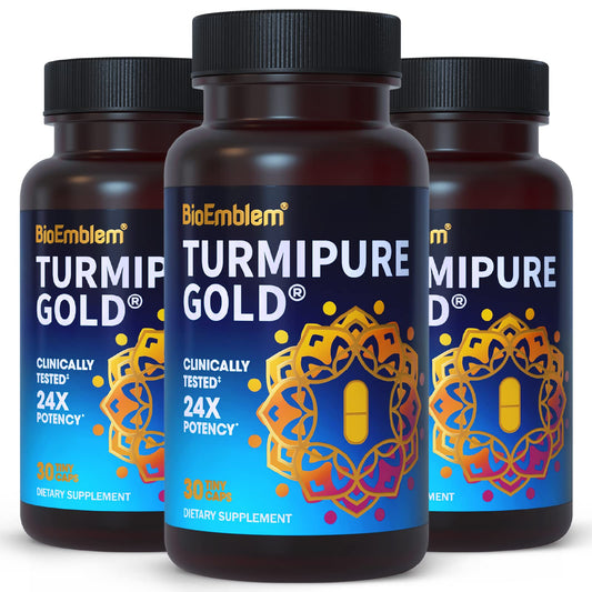 BioEmblem TurmiPure Gold bottle front view for easy daily joint support.