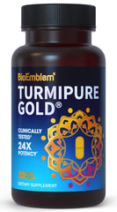 BioEmblem TurmiPure Gold bottle highlights enhanced absorption for daily joint support.