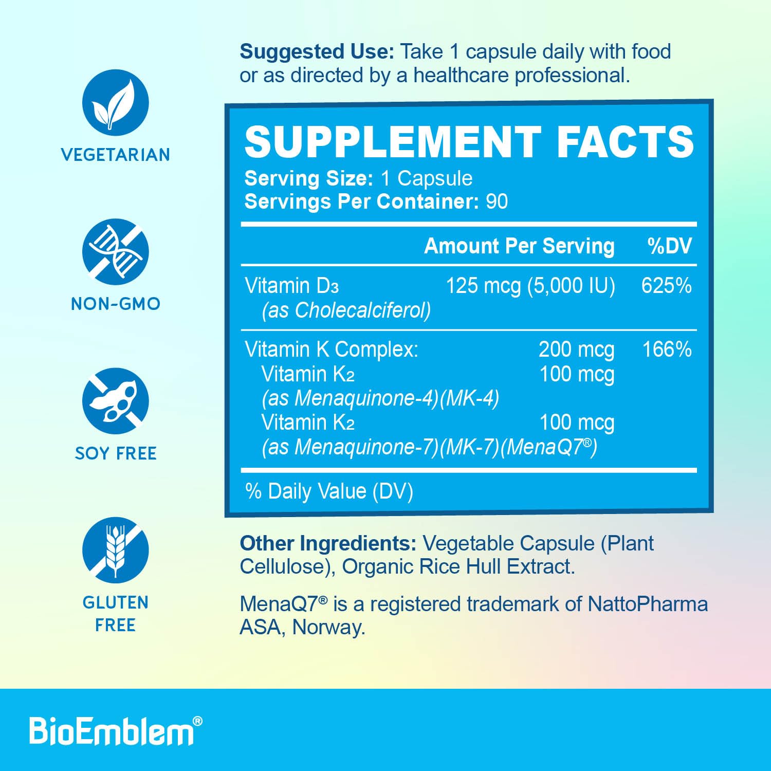 Label of BioEmblem Vitamin D3 K2 capsules emphasizing vegetarian, non-GMO ingredients