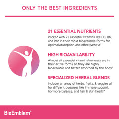 BioEmblem label highlights 21 nutrients for balanced nutrition.