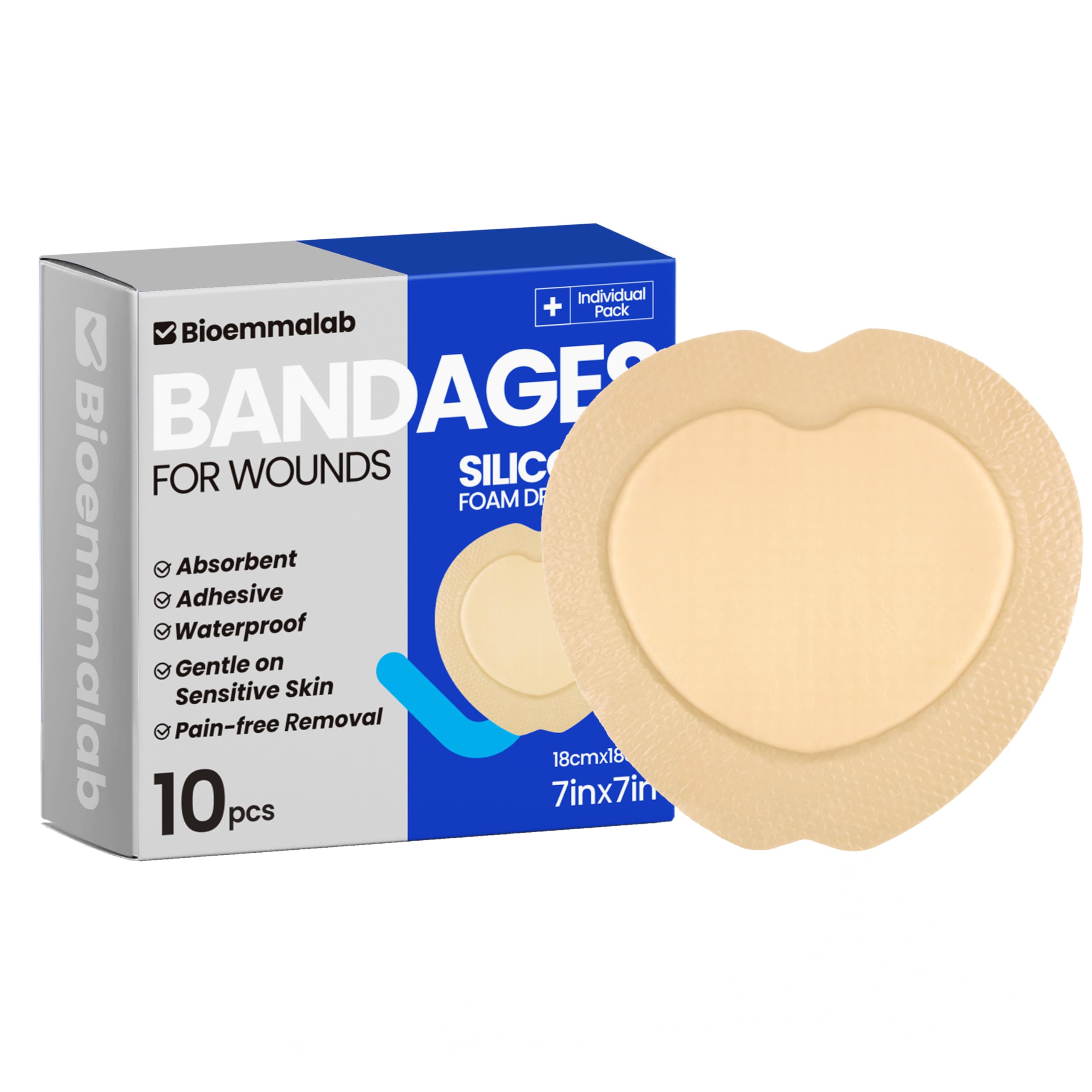 Bioemmalab large waterproof 7x7 bandage with silicone foam for versatile wound care.