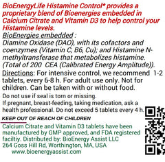 BioEnergyLife Histamine Control with cofactors highlights Vitamin C, B6, zinc