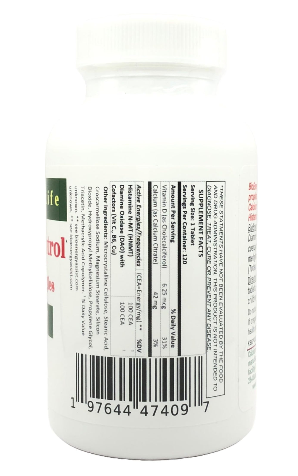 BioEnergyLife Histamine Control dosage label shown for easy daily use
