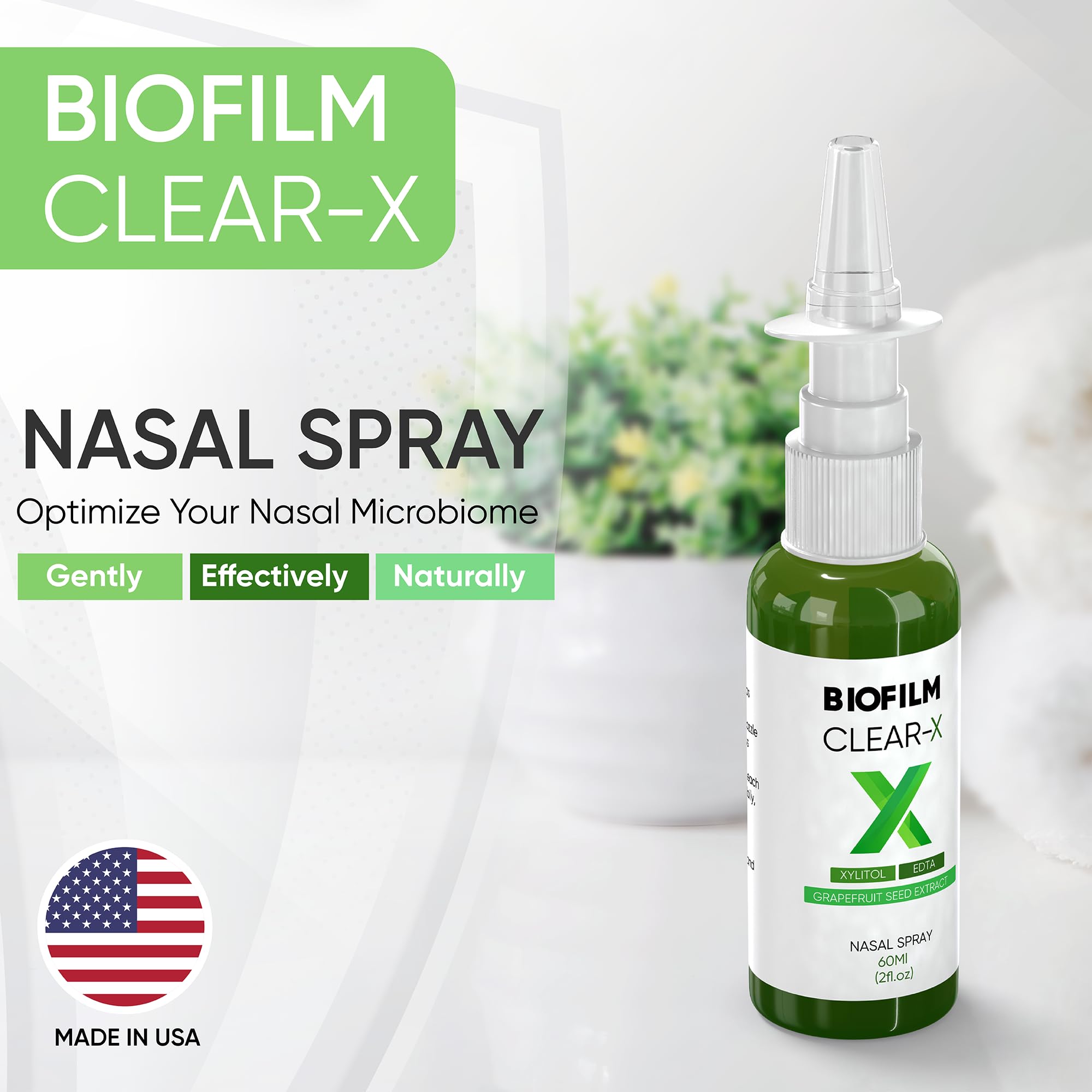 BioFilm Clear-X nasal spray mist in use
