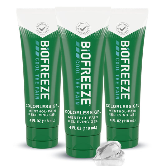 Biofreeze gel bottle close-up for fast cooling pain relief.