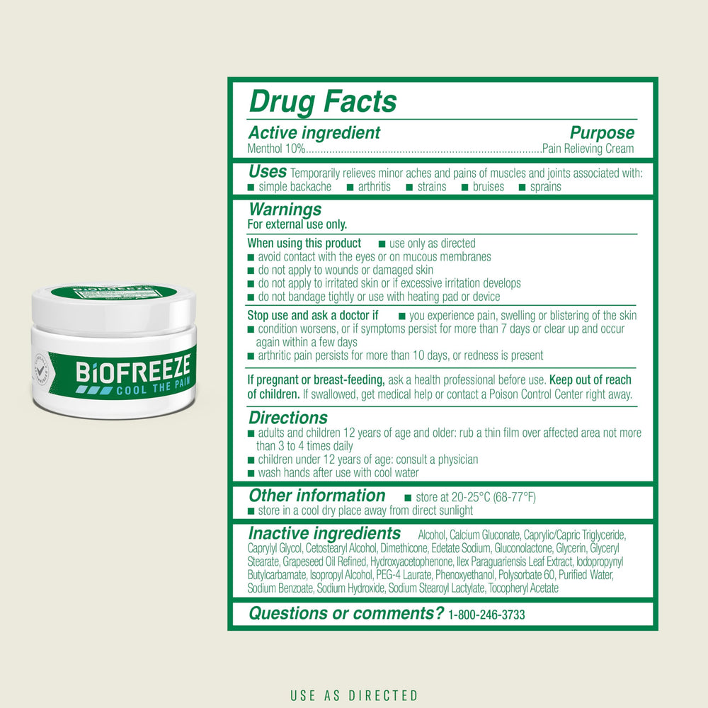 Biofreeze menthol cream application on knee demonstrates targeted relief.