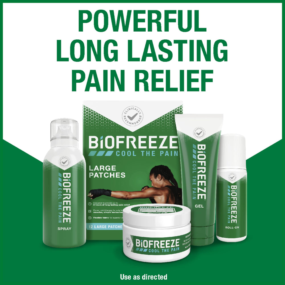 Biofreeze menthol cream application on neck demonstrates quick cooling relief.